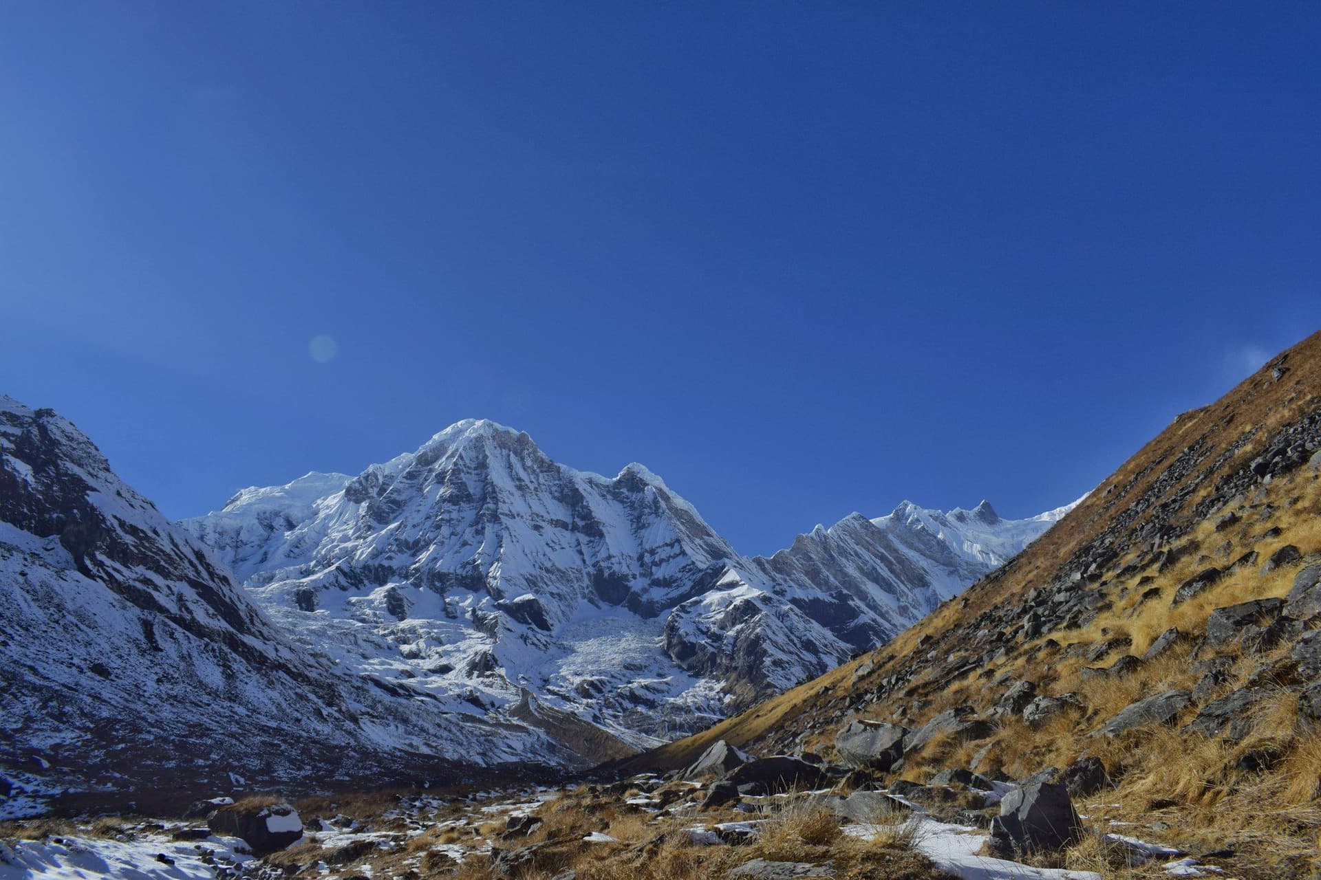 Annapurna South rising above the approach into the Annapurna Sanctuary