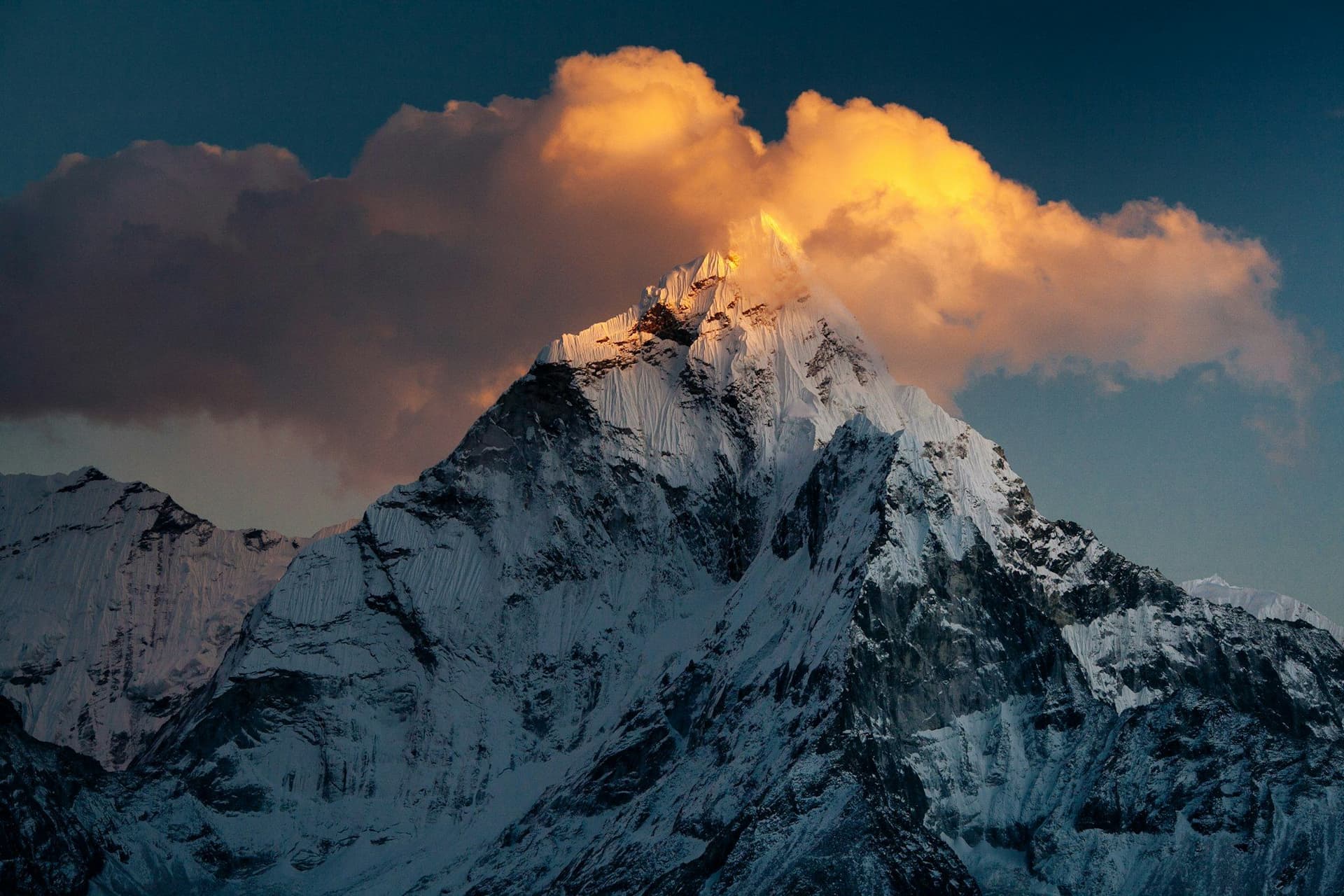 Ama Dablam at sunset with a cloud plume off the summit