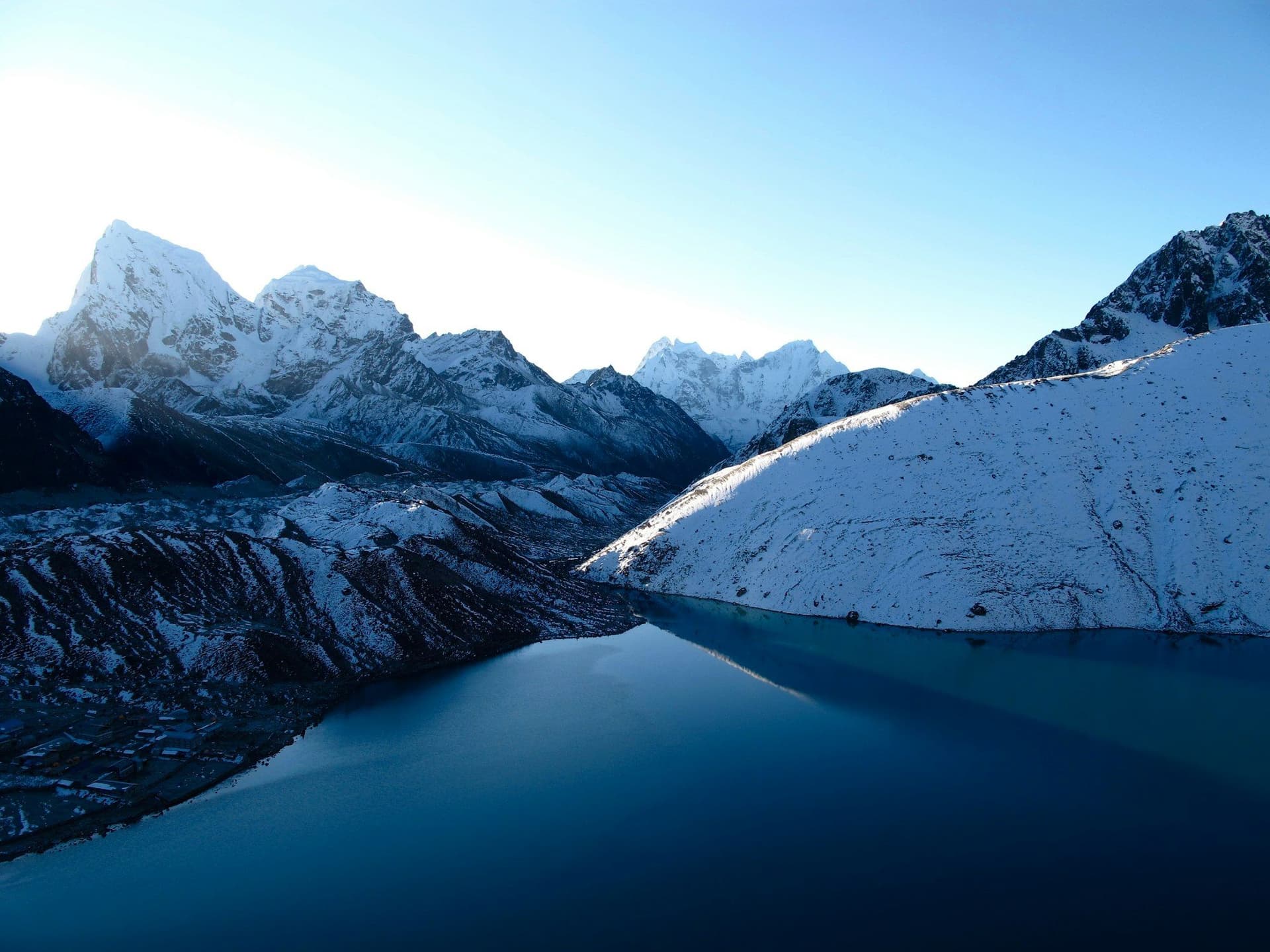 Gokyo's third lake below the Ngozumpa glacier moraine at first light