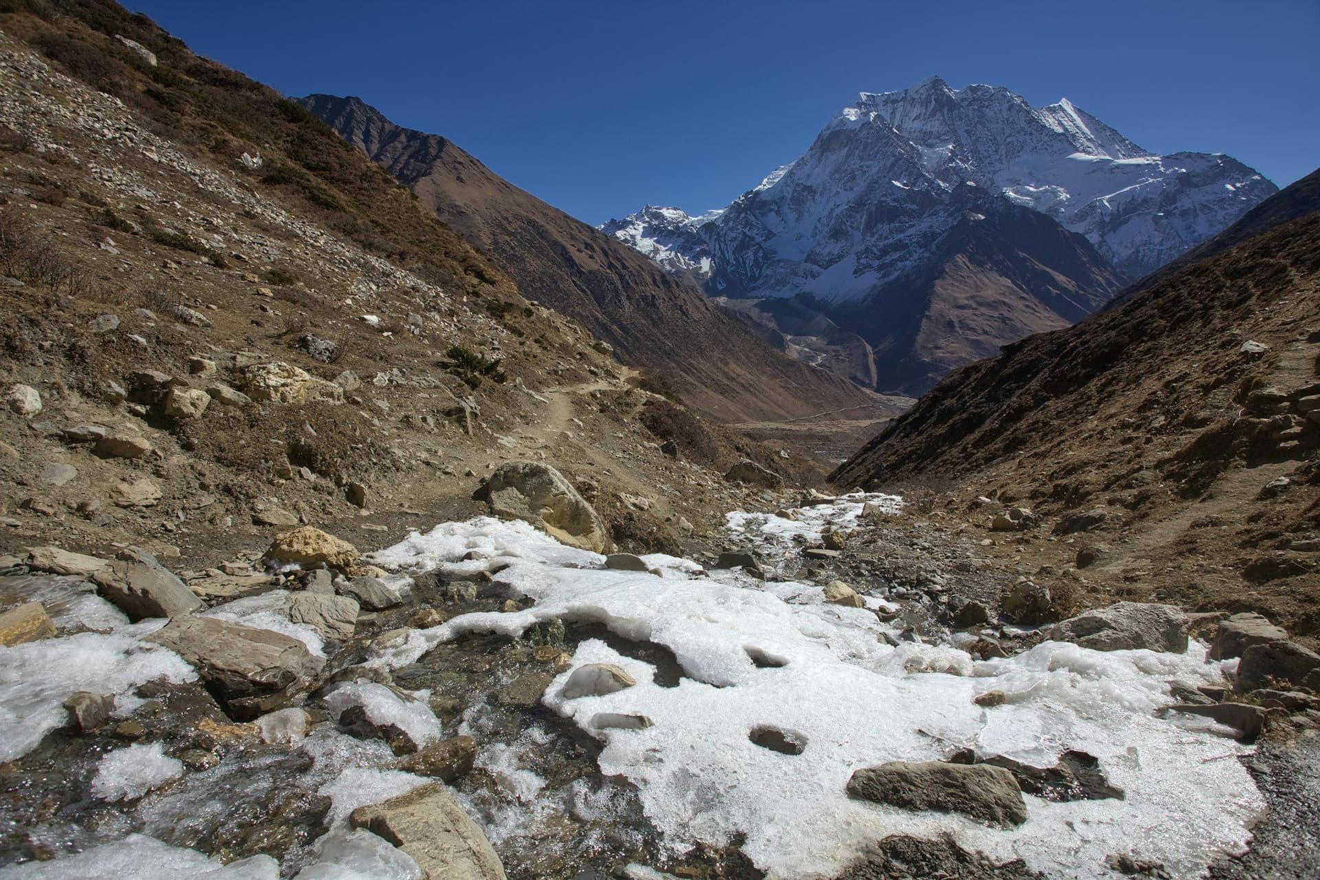 Rocky high country under clear sky on the Manaslu Circuit