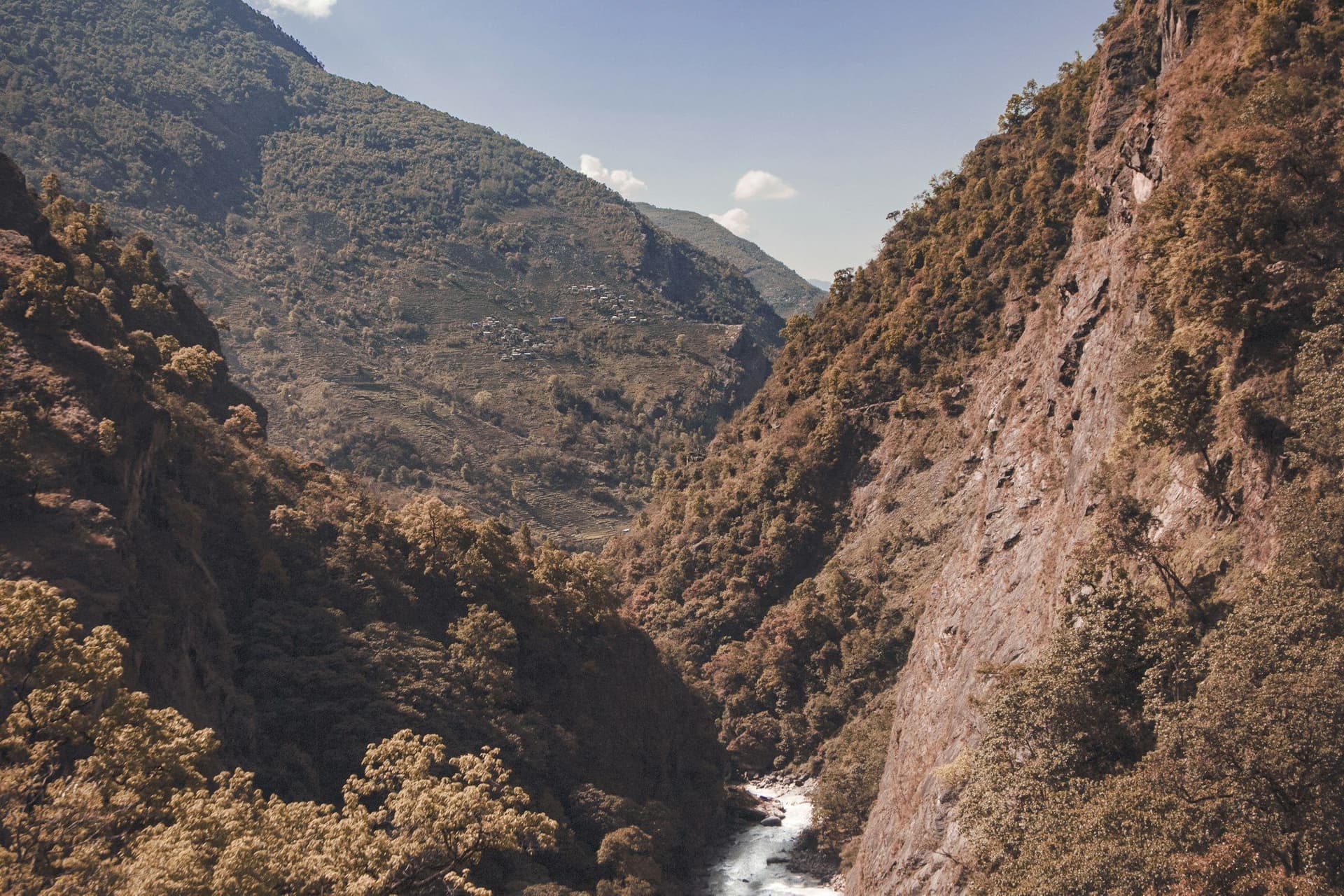The gorge approach, with terraced farms high on the far wall