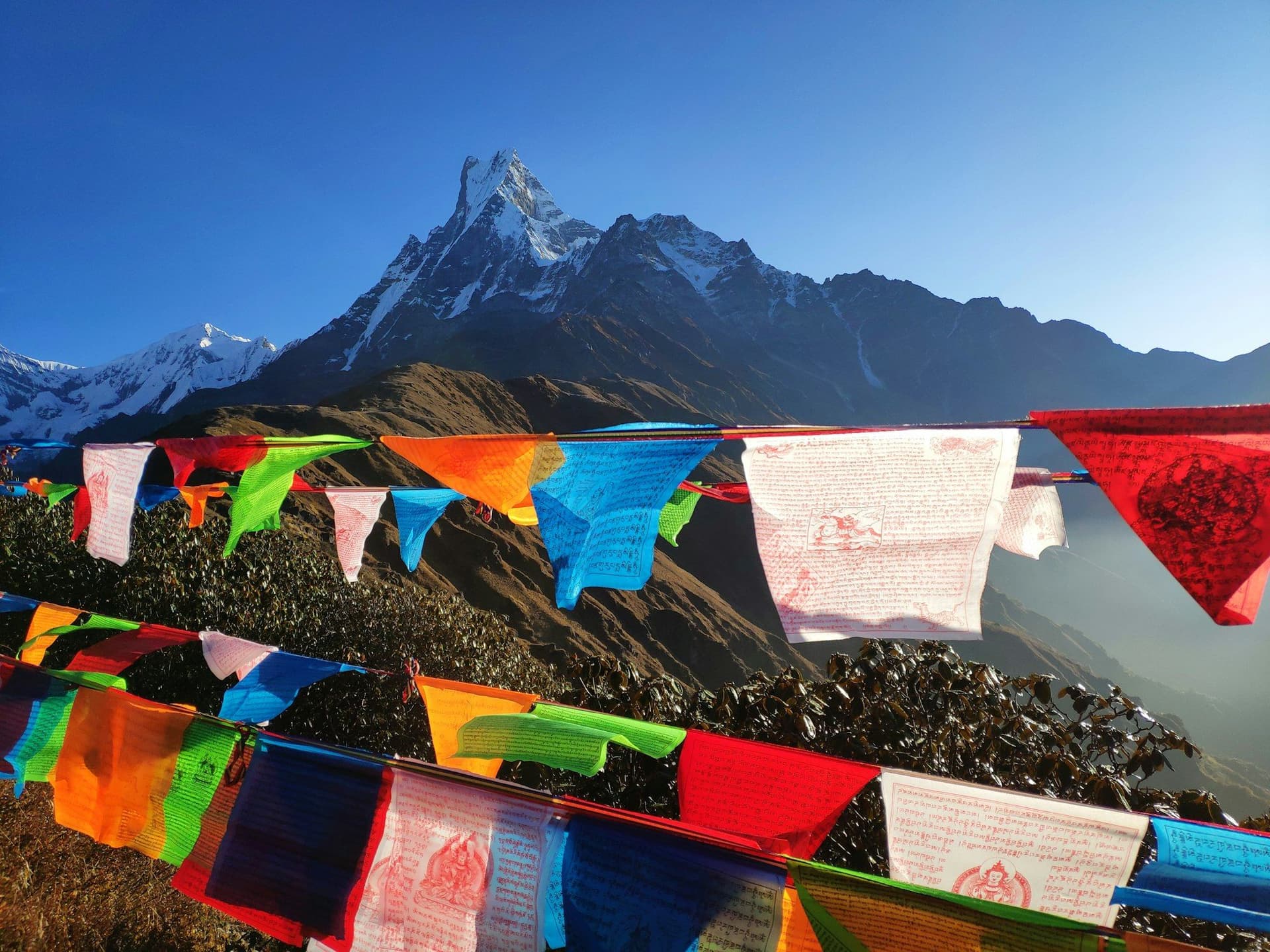 Strings of prayer flags stretched against a Himalayan peak