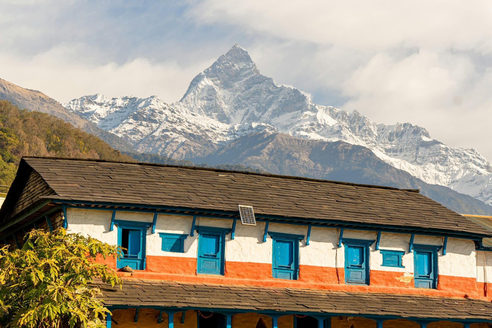 A blue-shuttered mountain lodge with a snow peak rising behind it