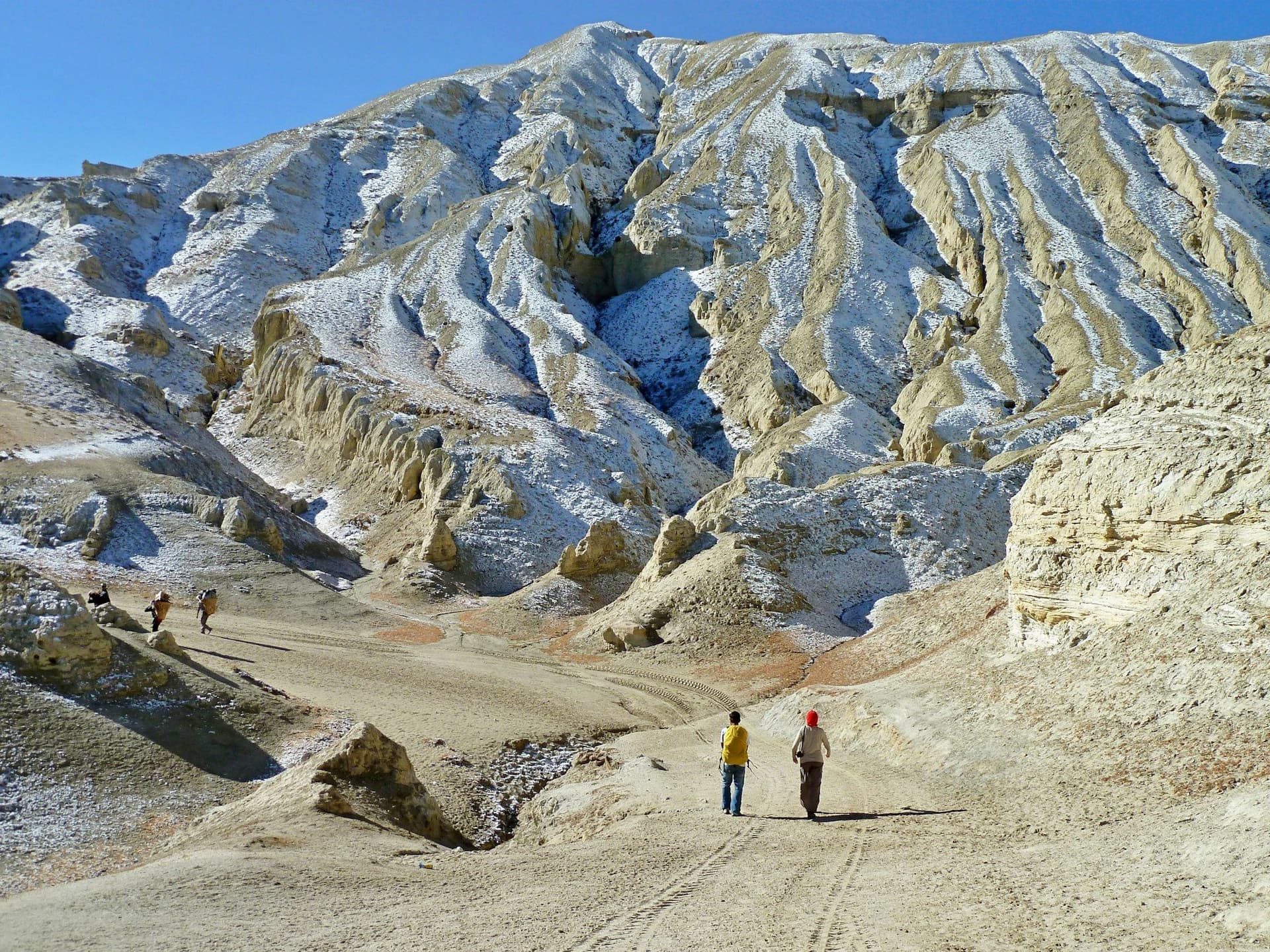 Two trekkers crossing the eroded desert country of Upper Mustang