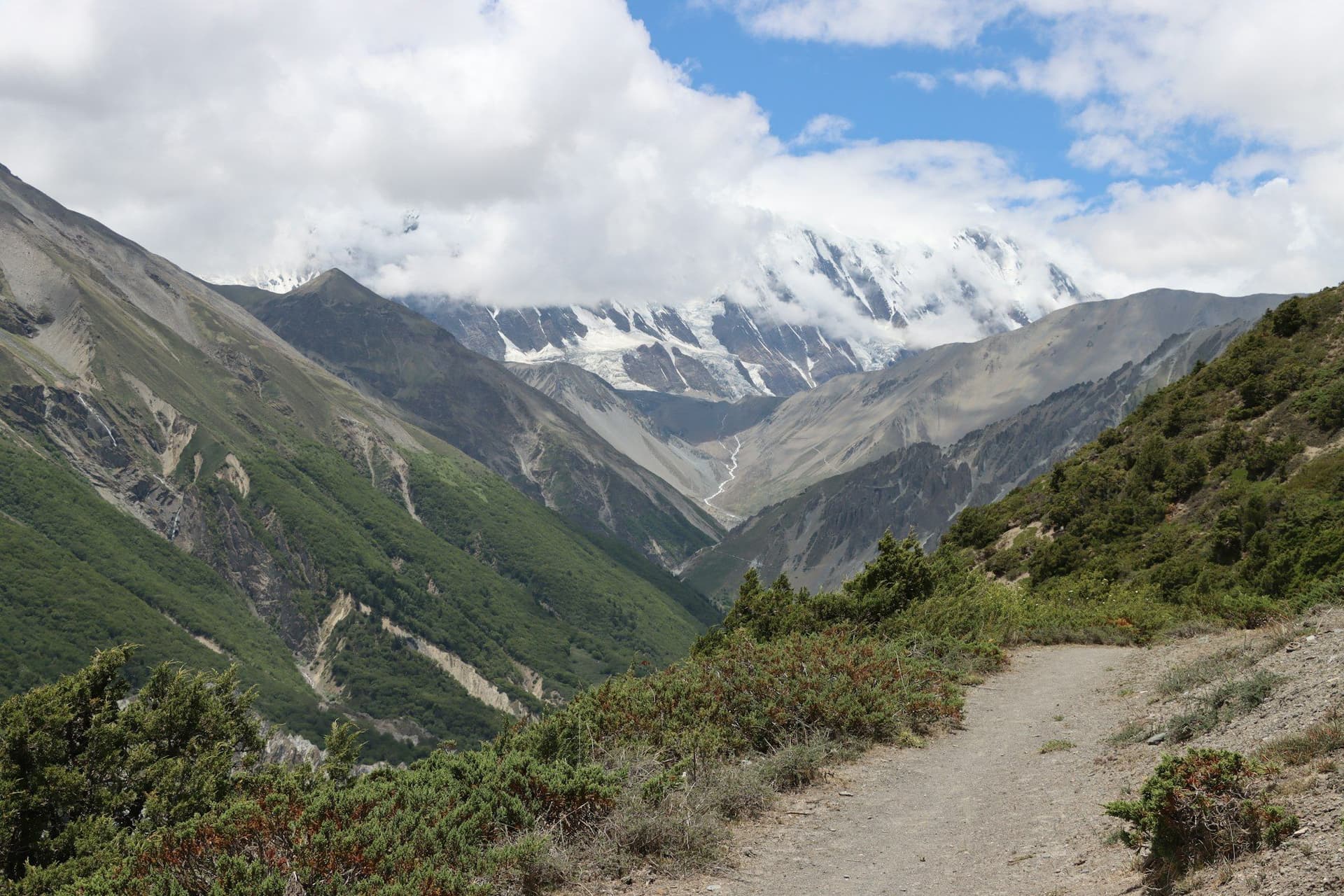 A trail winding through green valleys towards the snow line on the Annapurna Circuit